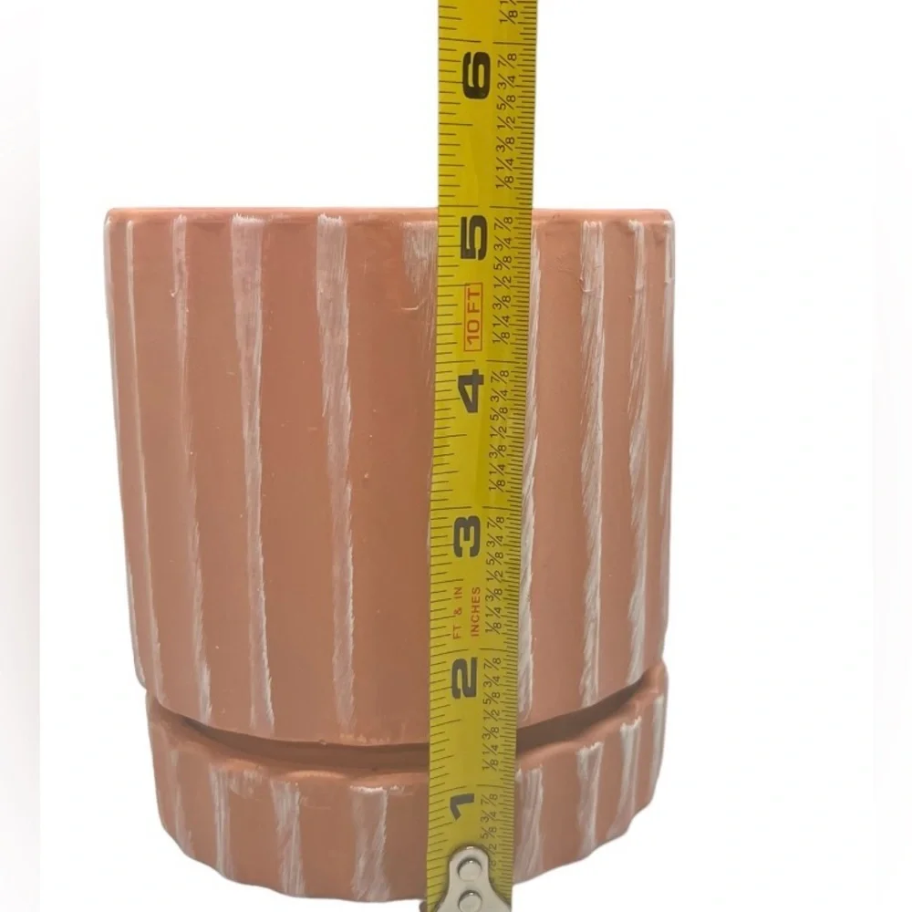 Terracotta Clay Pot 4” Planter White Stripes Ribbed Textured